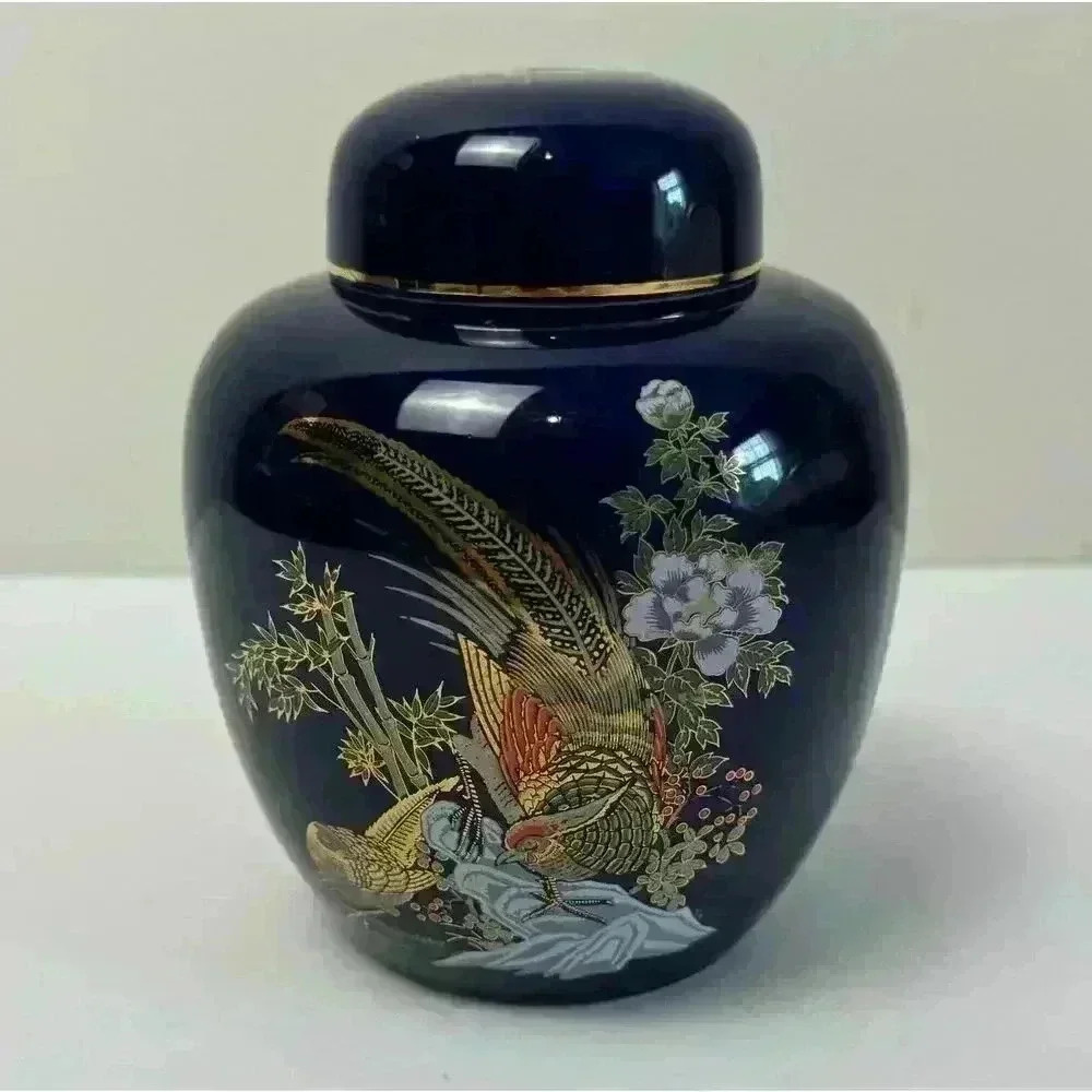 Vintage Royal Blue Porcelain Ginger Jar With Oriental Pheasant Scene EUC